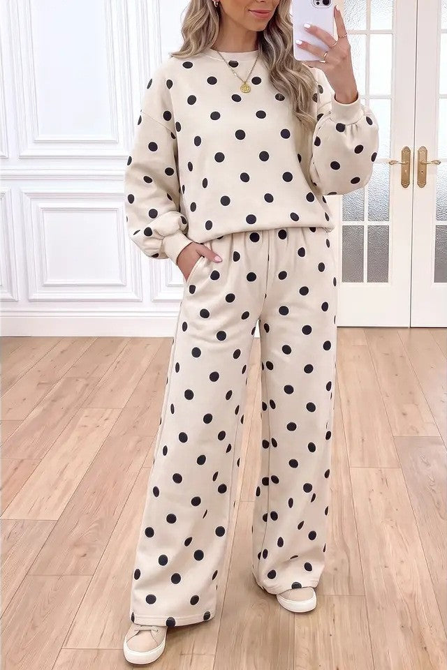Polka Dot Crew Neck Pullover and Straight Pants Set - Cream