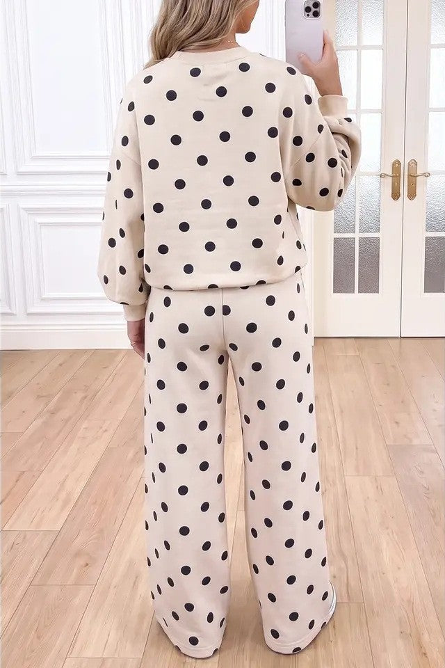 Polka Dot Crew Neck Pullover and Straight Pants Set - Cream - 1
