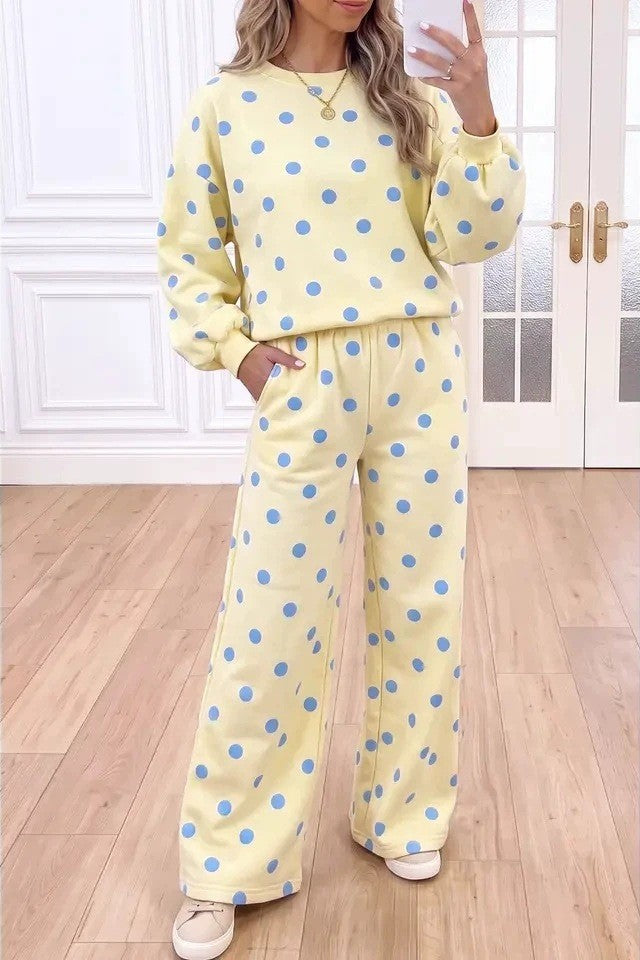Polka Dot Crew Neck Pullover and Straight Pants Set - Yellow