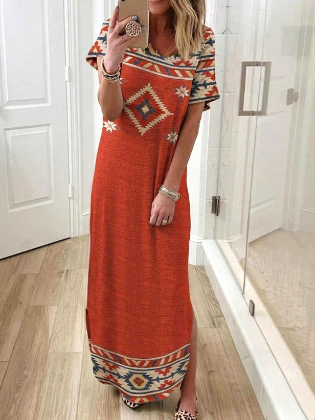 Western Aztec Print Short Sleeve Maxi Dress - Red