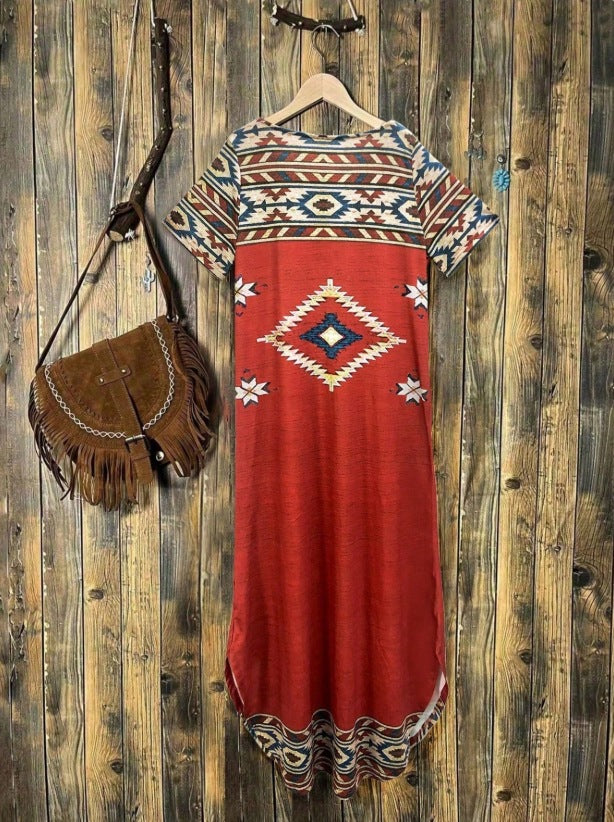 Western Aztec Print Short Sleeve Maxi Dress - Red - 1