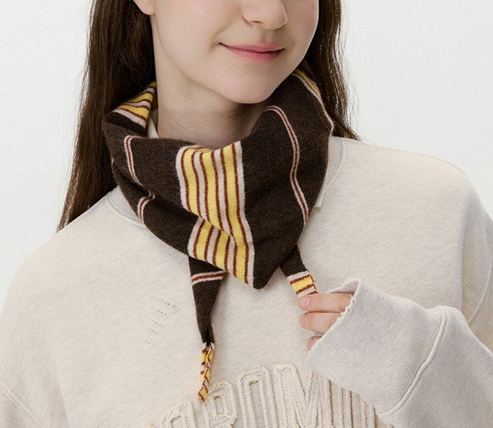Striped Knit Bonnet Hood Scarf - Brown