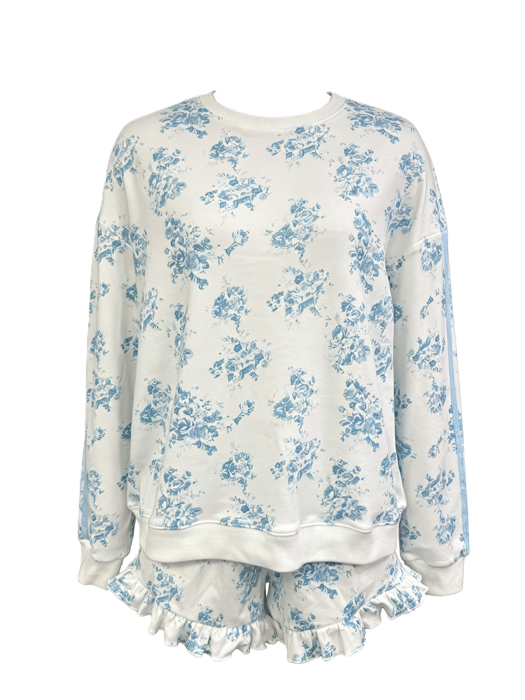 Floral Toile Pullover Top and Ruffle Shorts Set - Blue - 1