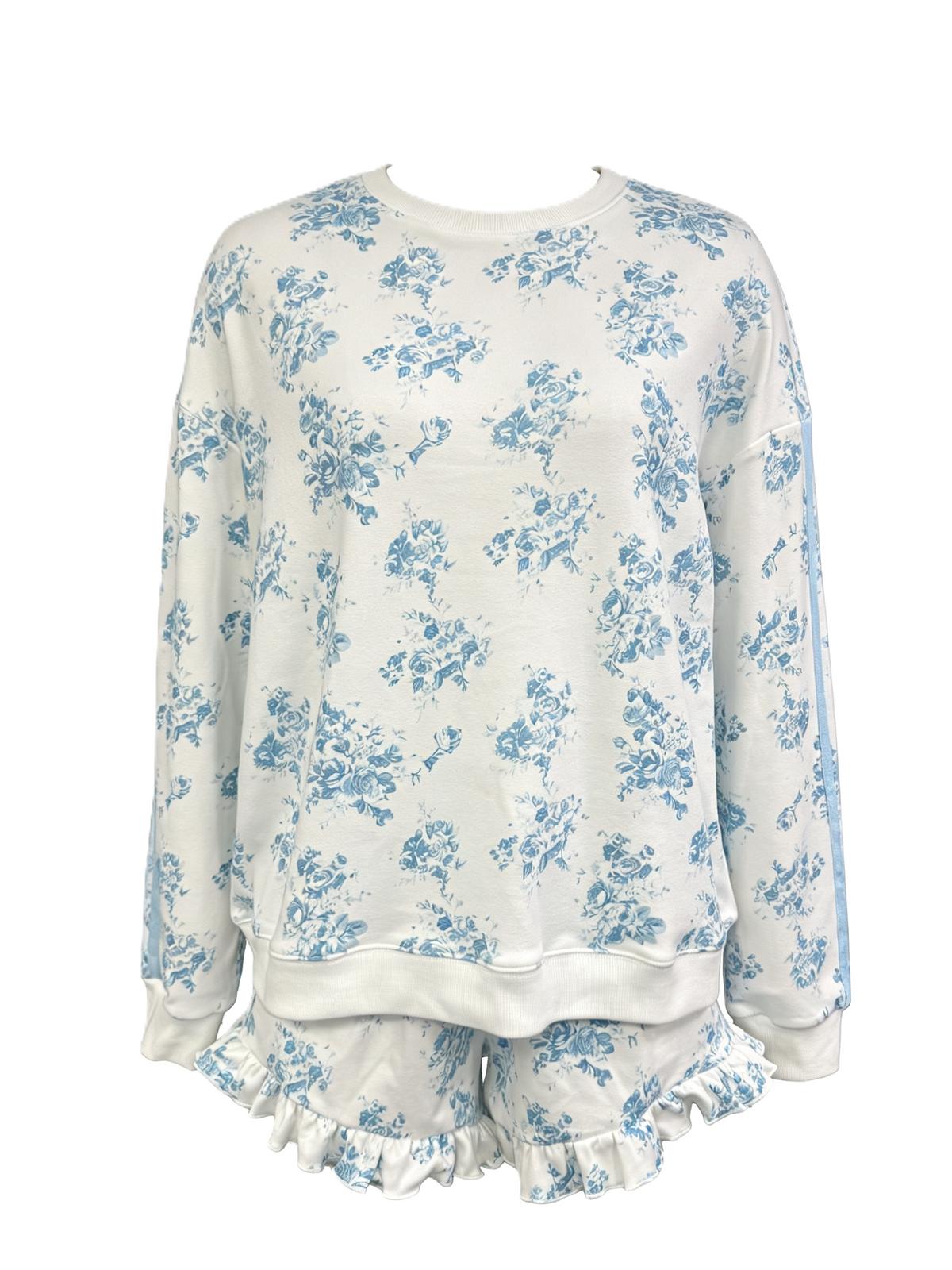 Floral Toile Pullover Top and Ruffle Shorts Set - Blue - 1