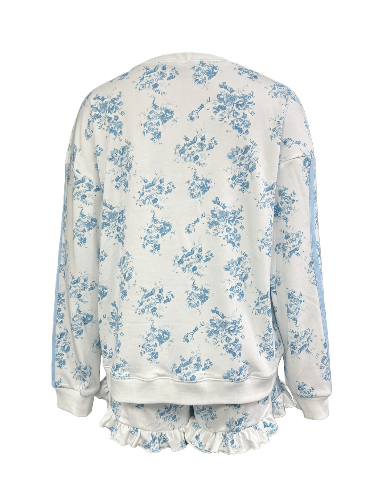 Floral Toile Pullover Top and Ruffle Shorts Set - Blue - 2