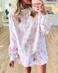 Floral Toile Pullover Top and Ruffle Shorts Set - Pink