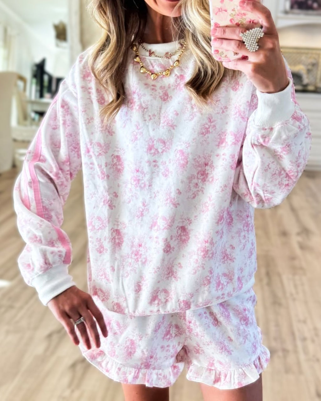 Floral Toile Pullover Top and Ruffle Shorts Set - Pink - 1