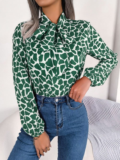 Abstract Print Tie Neck Balloon Sleeve Shirt - Green