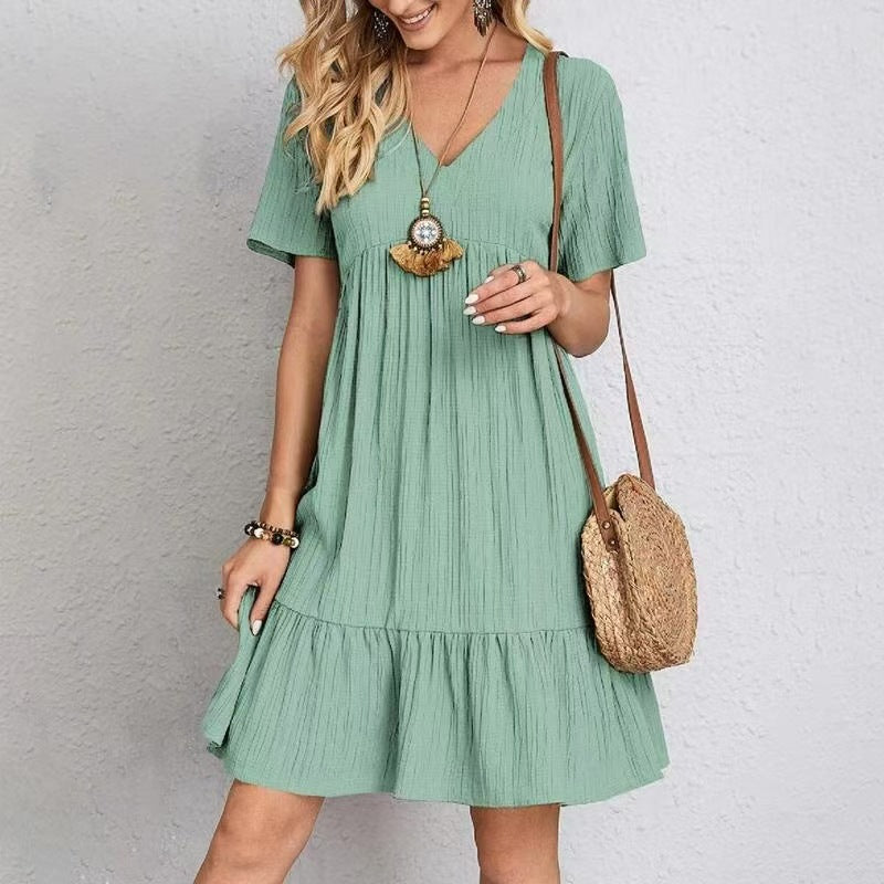 V-Neck Babydoll Ruffle Hem Mini Dress - LightGreen
