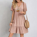 V-Neck Babydoll Ruffle Hem Mini Dress - Pink