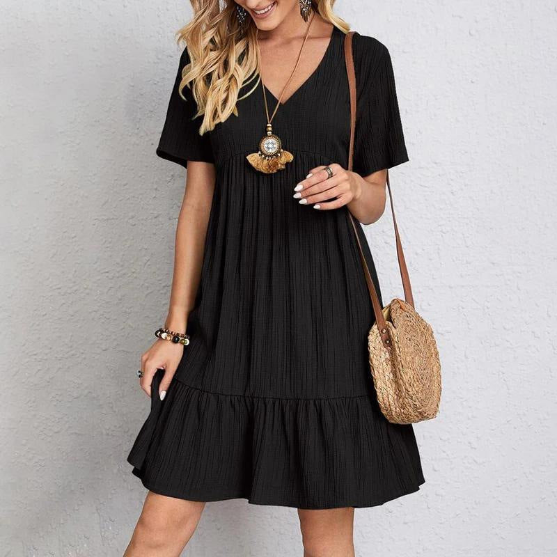 V-Neck Babydoll Ruffle Hem Mini Dress - black