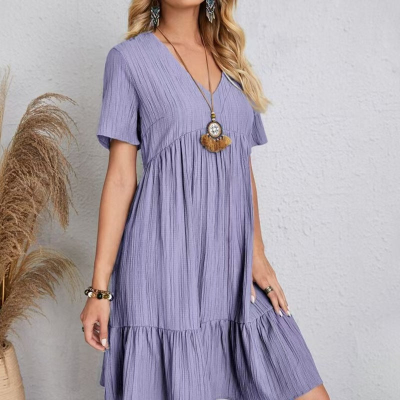V-Neck Babydoll Ruffle Hem Mini Dress - purple