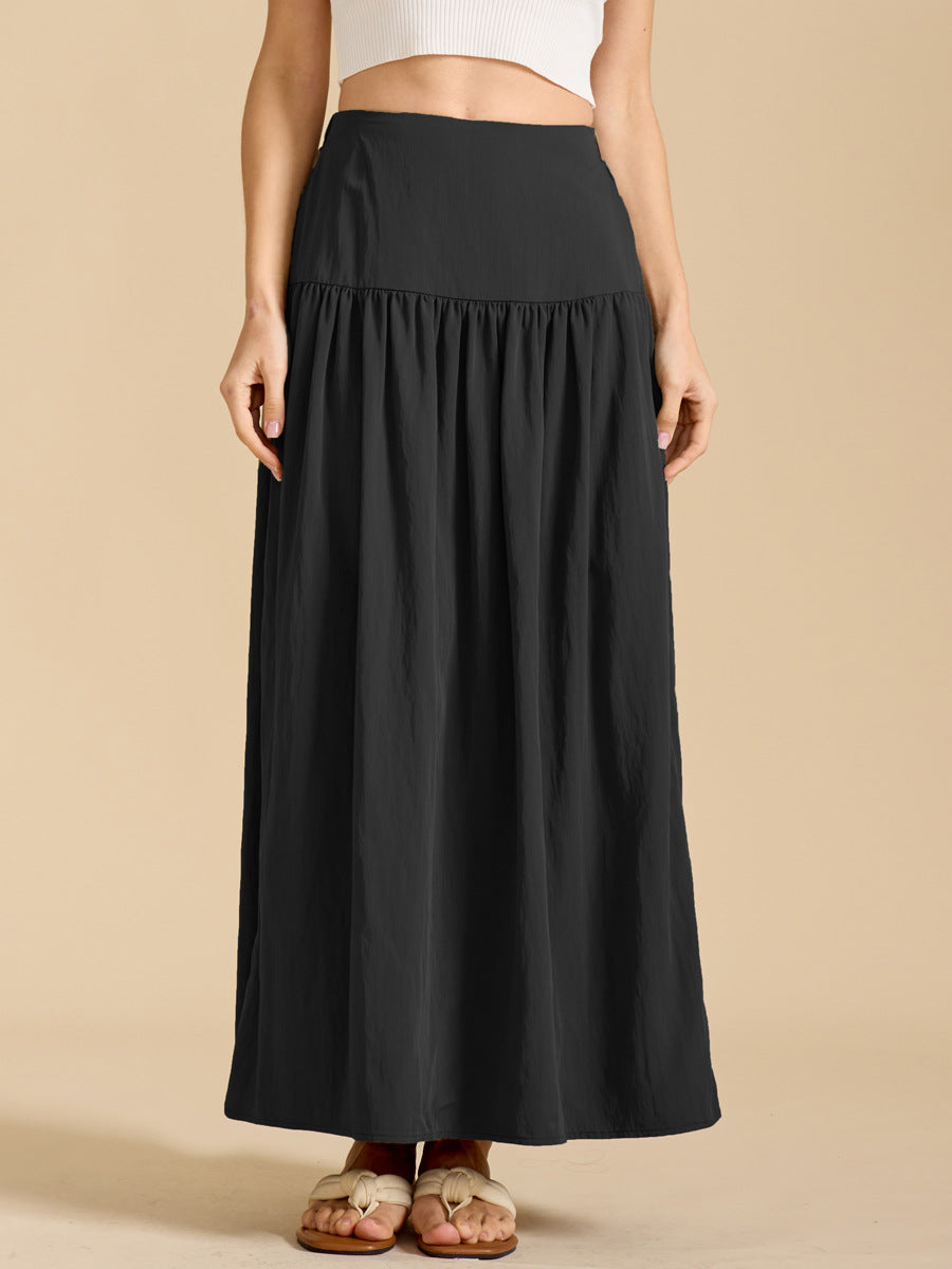 Gathered High Waist Maxi Skirt With Pockets - Black - 1