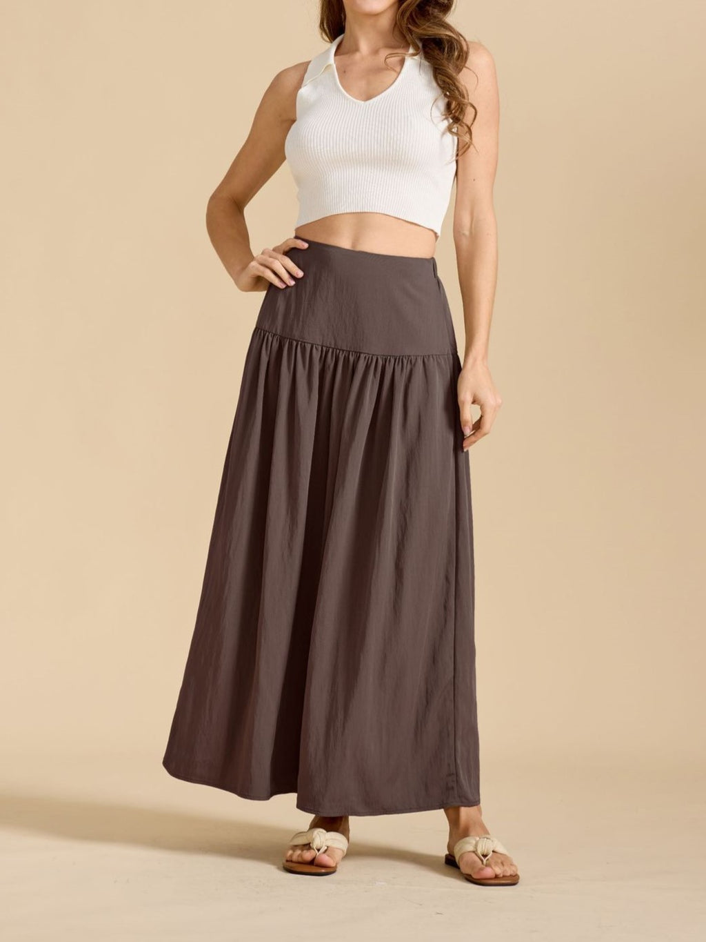 Gathered High Waist Maxi Skirt With Pockets - Chocolate