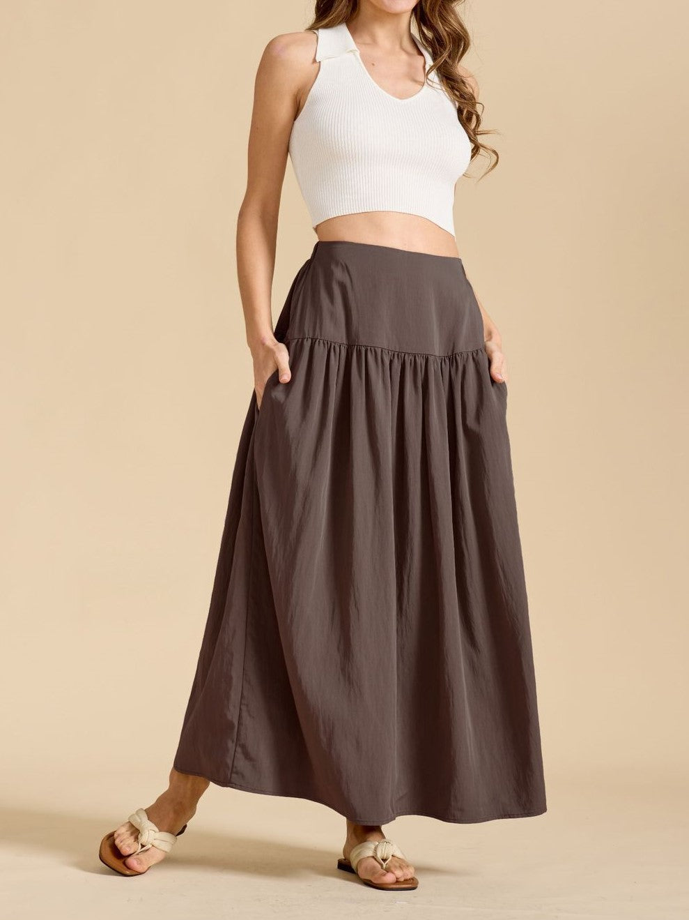 Gathered High Waist Maxi Skirt With Pockets - Chocolate - 2