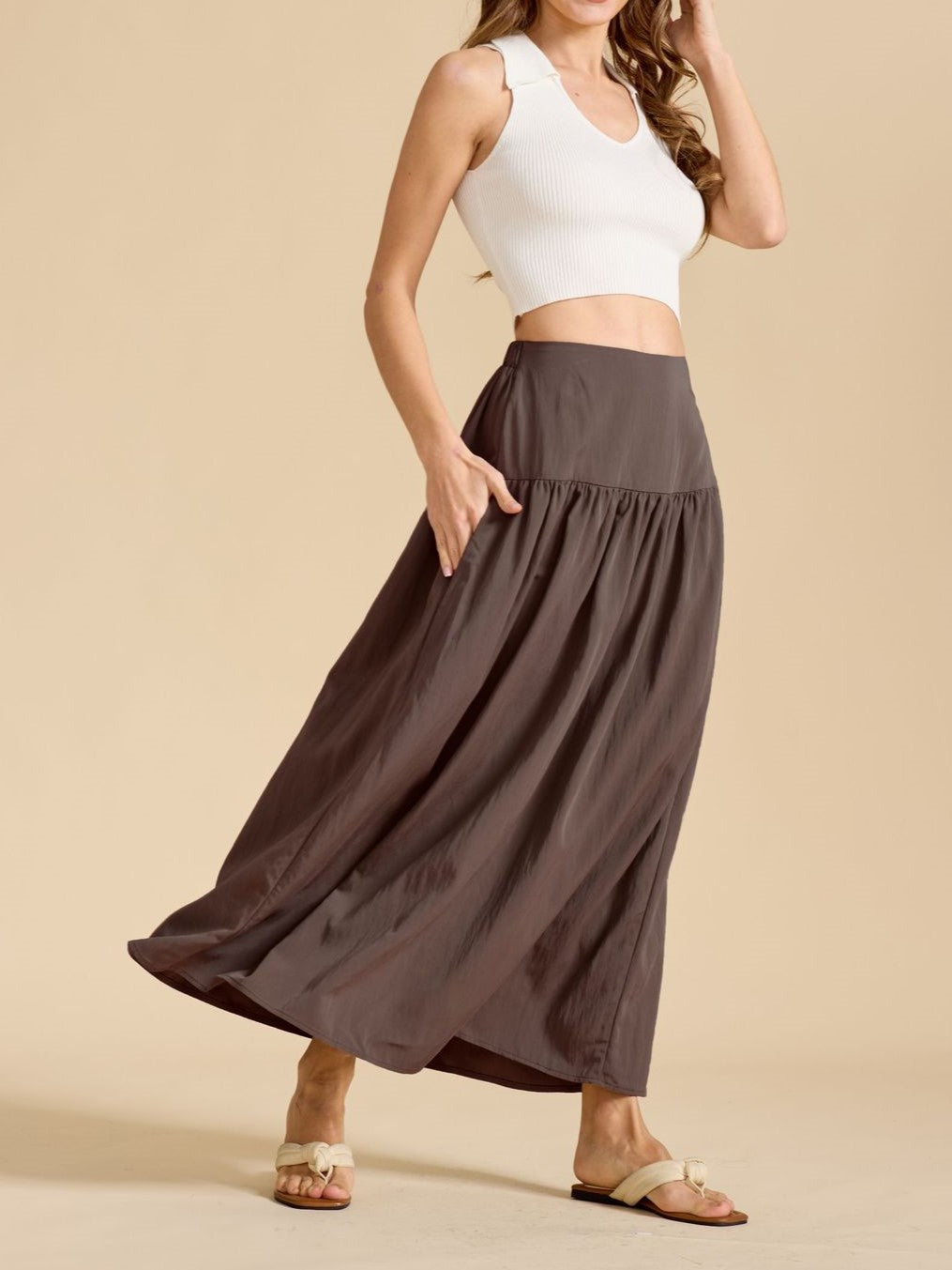 Gathered High Waist Maxi Skirt With Pockets - Chocolate - 3