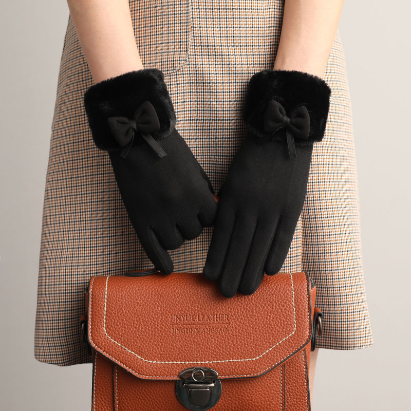 Faux Fur Cuff Bow Touchscreen Gloves - Black