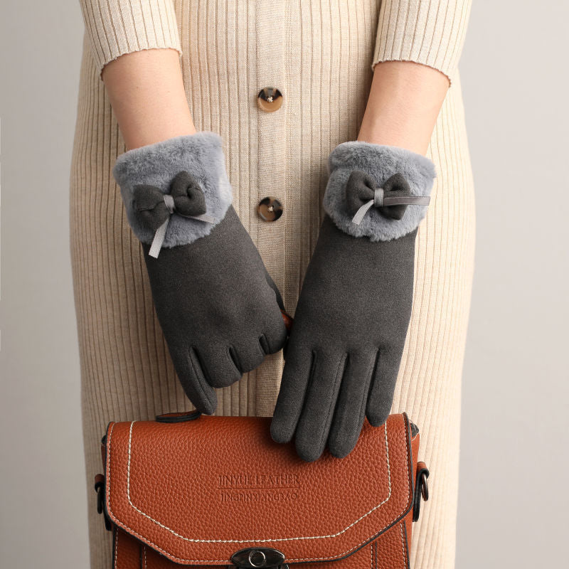 Faux Fur Cuff Bow Touchscreen Gloves - Grey