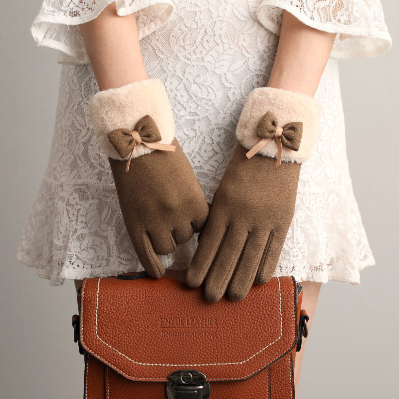 Faux Fur Cuff Bow Touchscreen Gloves - Khaki