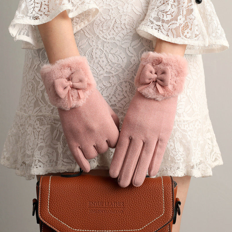 Faux Fur Cuff Bow Touchscreen Gloves - Pink