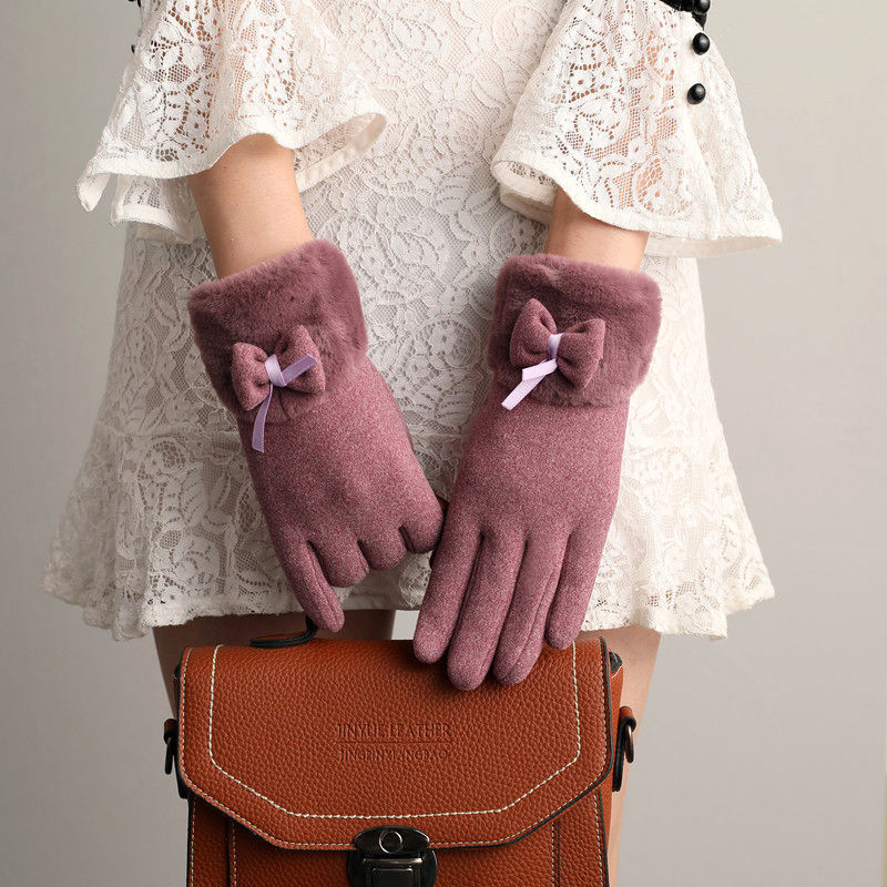 Faux Fur Cuff Bow Touchscreen Gloves - Purple