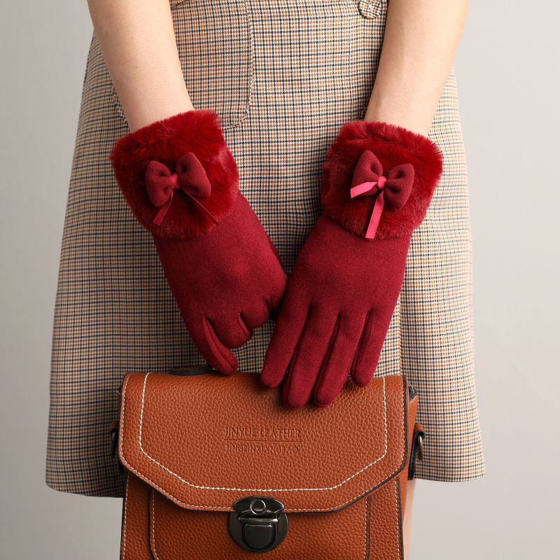 Faux Fur Cuff Bow Touchscreen Gloves - Red