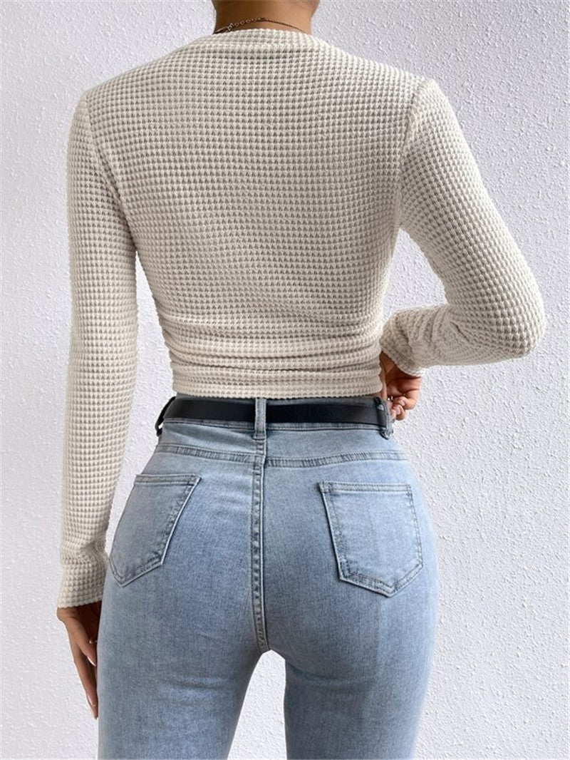 Waffle Knit Slim Fit Long Sleeve Top - Beige - 2