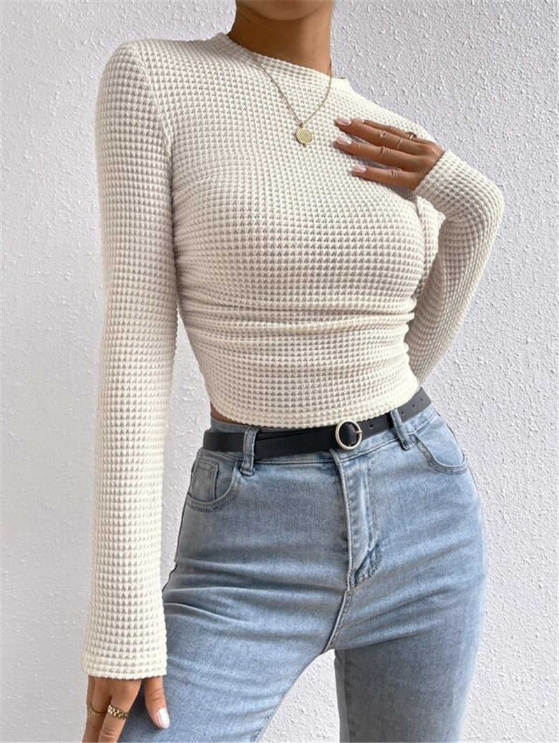 Waffle Knit Slim Fit Long Sleeve Top - Beige - 3