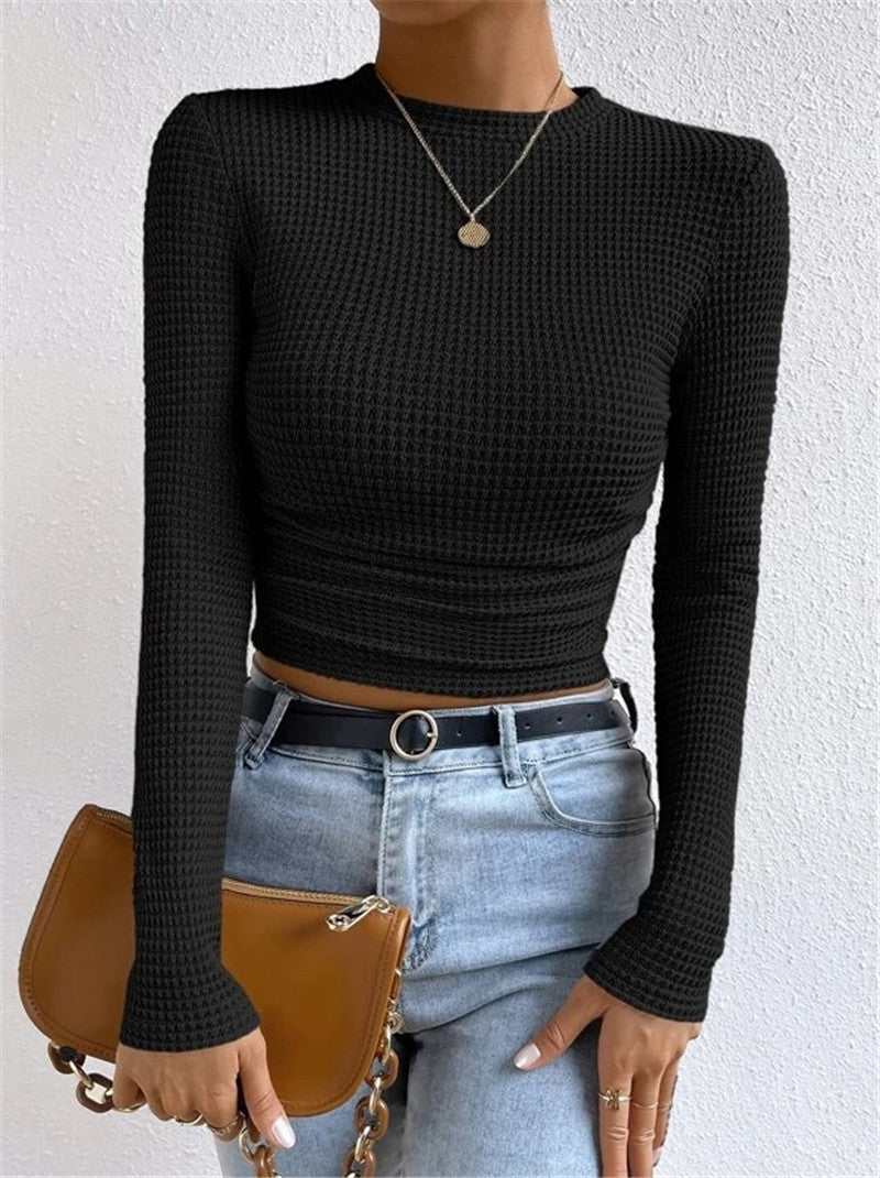 Waffle Knit Slim Fit Long Sleeve Top - Black