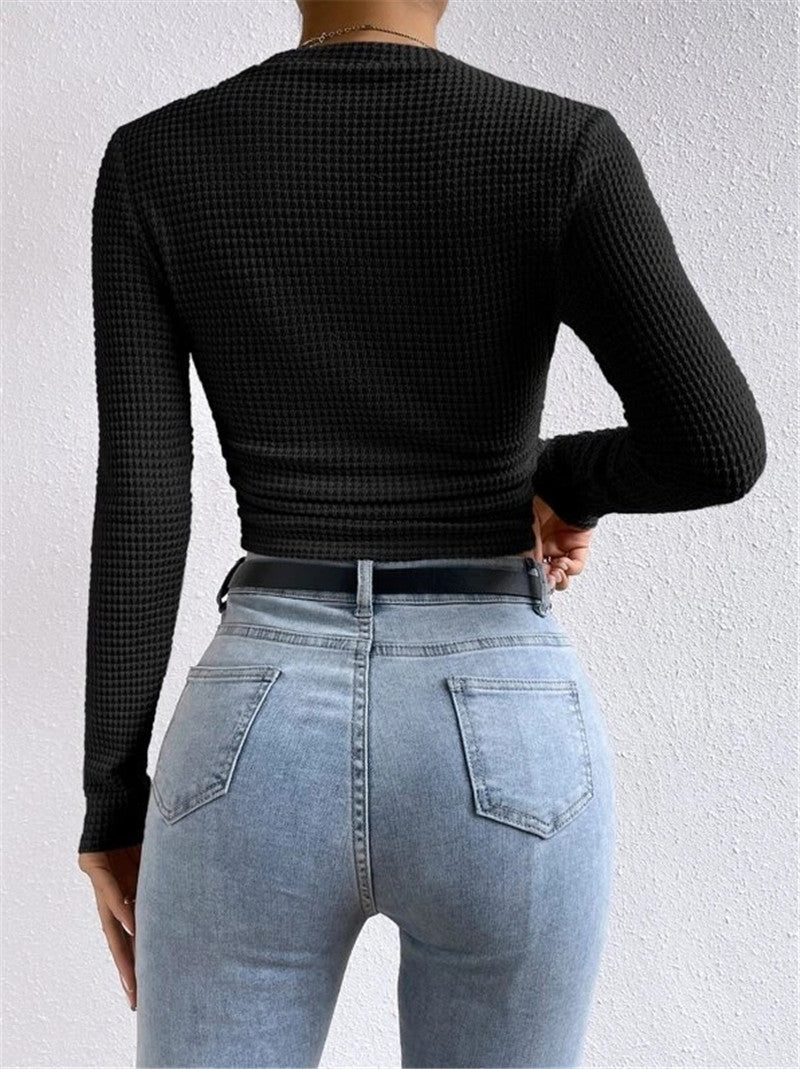 Waffle Knit Slim Fit Long Sleeve Top - Black - 1