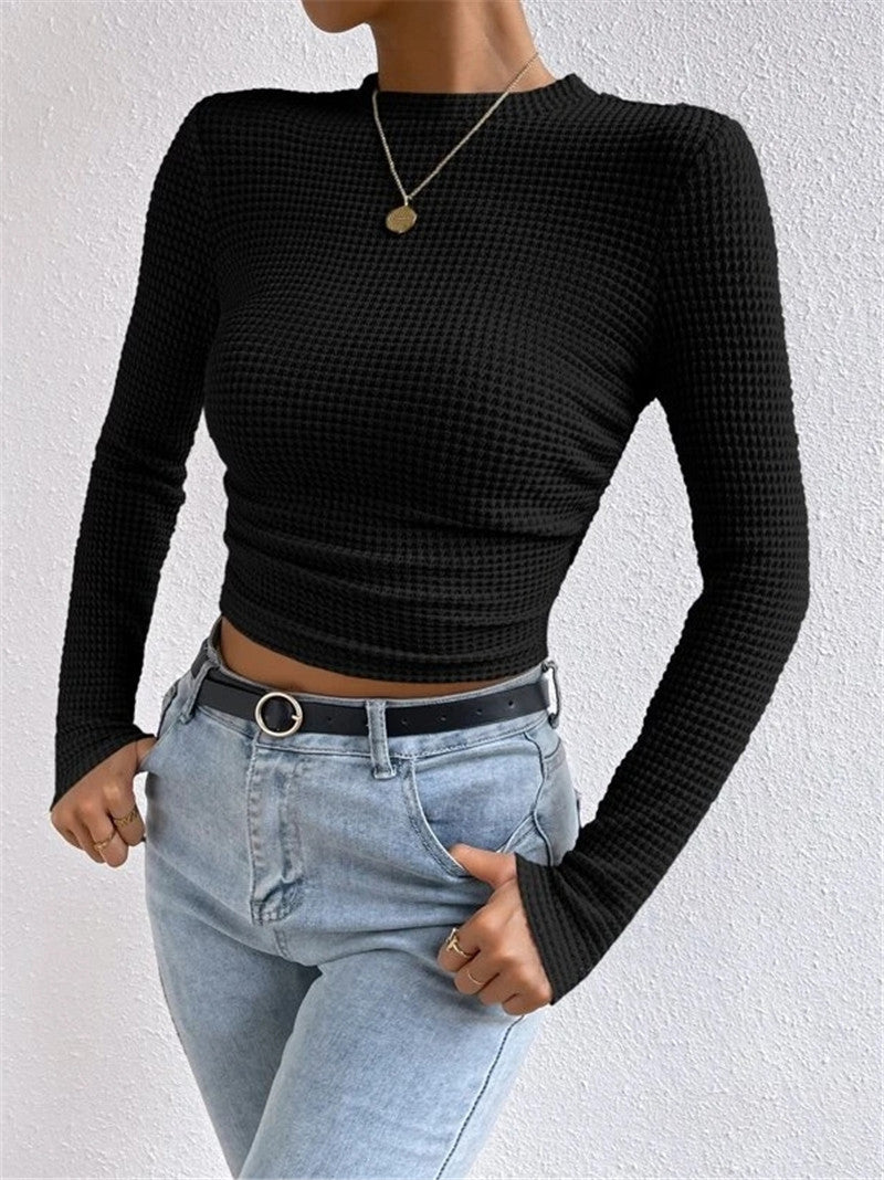 Waffle Knit Slim Fit Long Sleeve Top - Black - 2