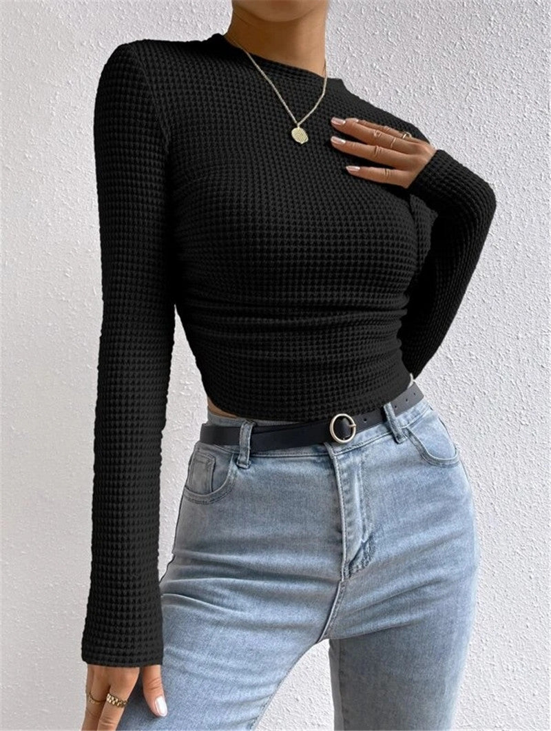Waffle Knit Slim Fit Long Sleeve Top - Black - 3