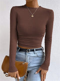 Waffle Knit Slim Fit Long Sleeve Top - Brown