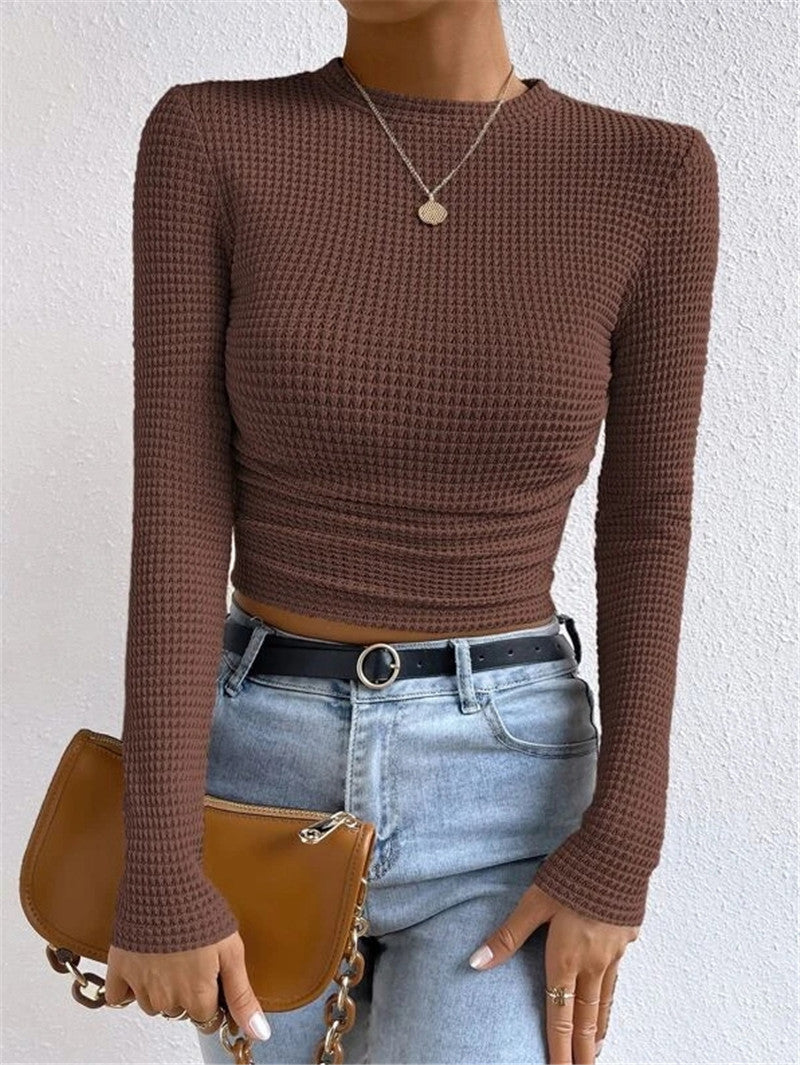 Waffle Knit Slim Fit Long Sleeve Top - Brown