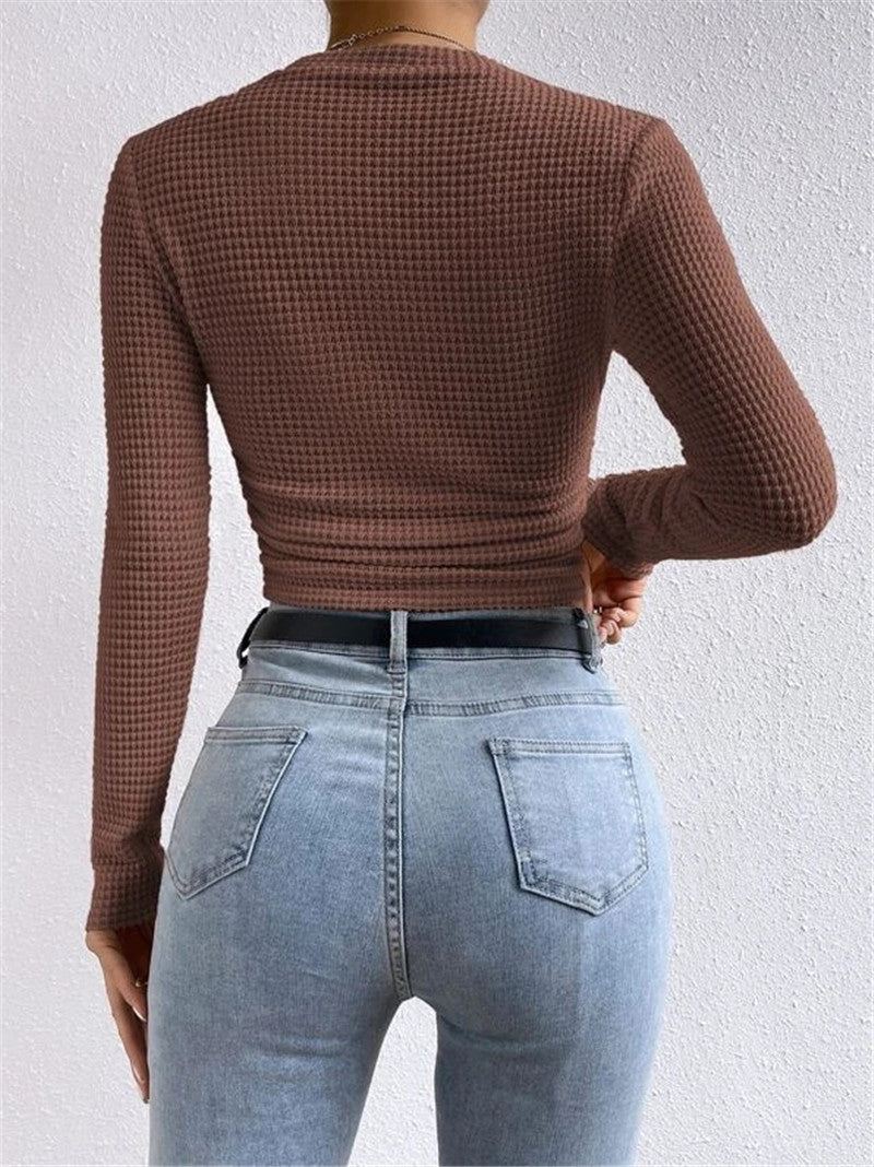 Waffle Knit Slim Fit Long Sleeve Top - Brown - 1