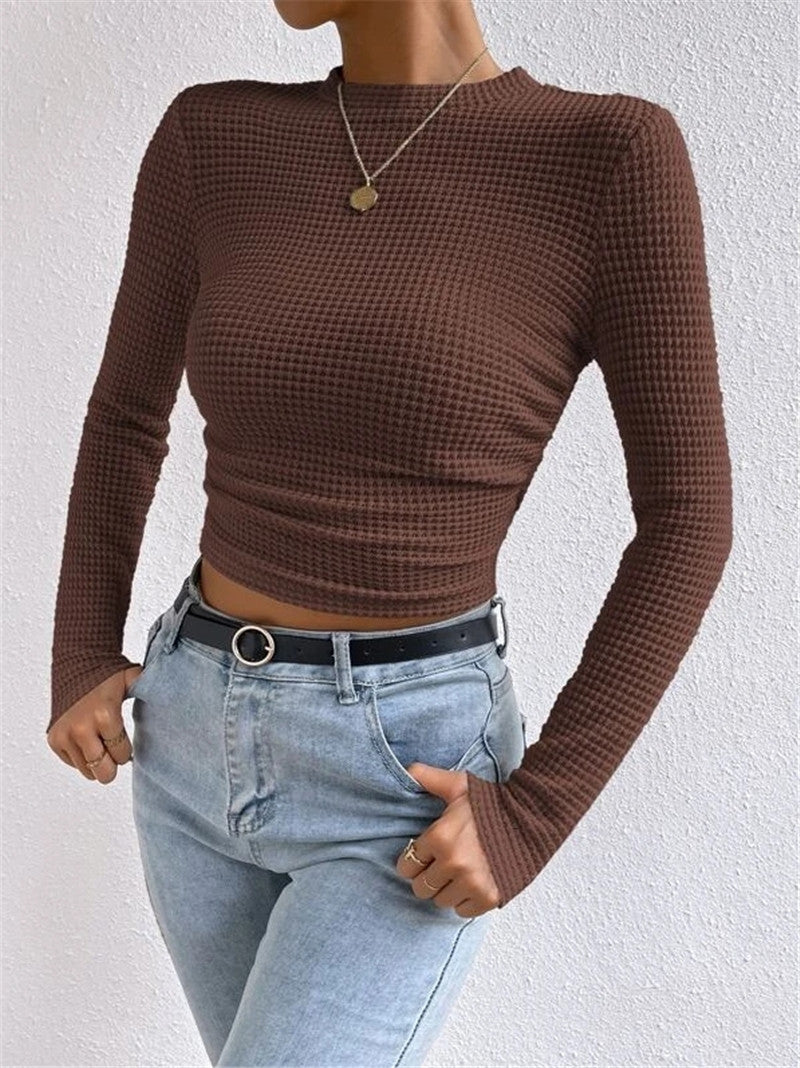 Waffle Knit Slim Fit Long Sleeve Top - Brown - 2