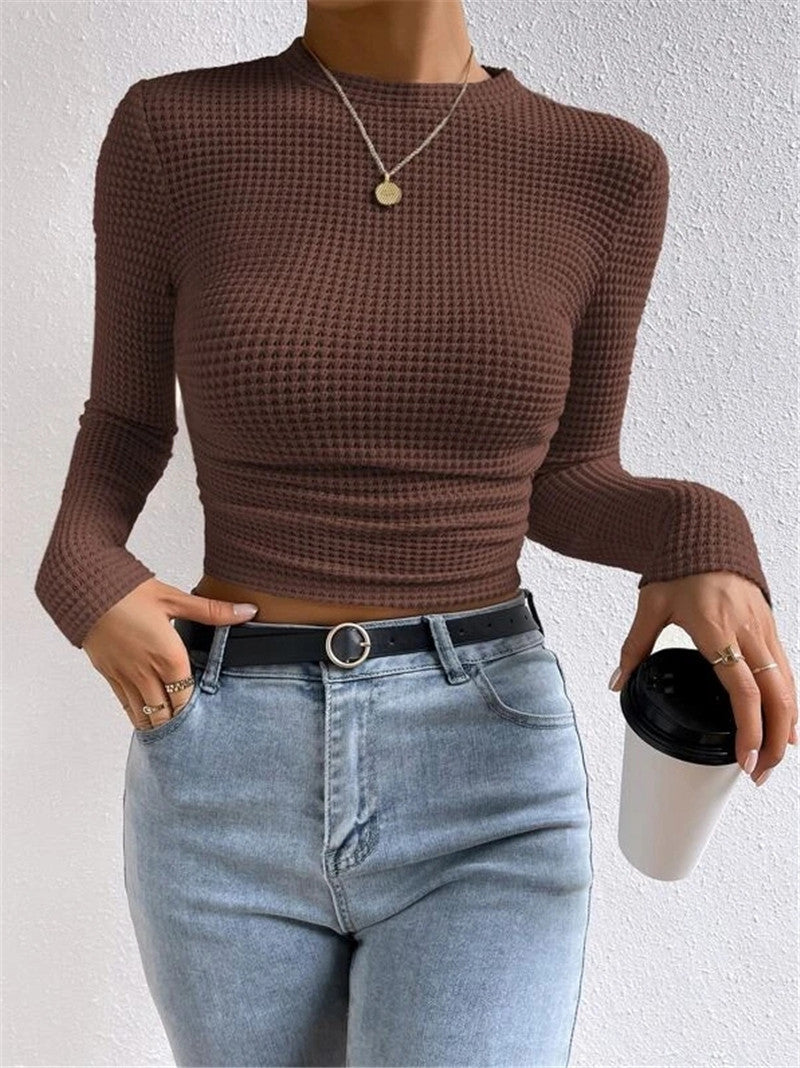 Waffle Knit Slim Fit Long Sleeve Top - Brown - 3