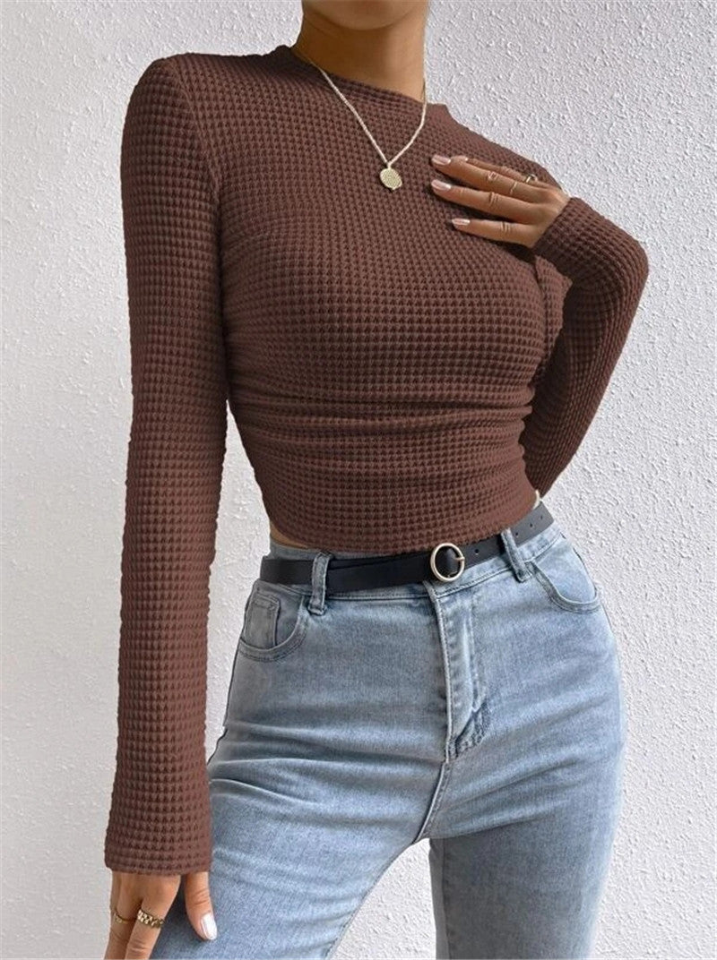 Waffle Knit Slim Fit Long Sleeve Top - Brown - 4