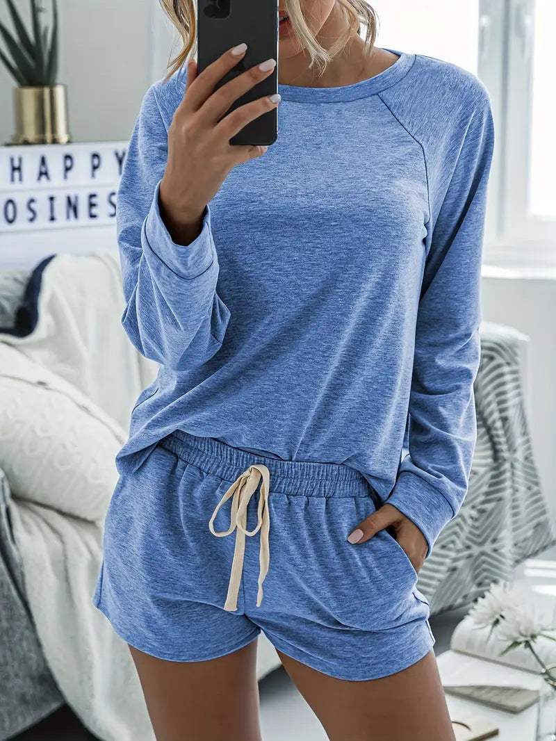 Long Sleeve Lounge Set With Drawstring Shorts - Blue - 3