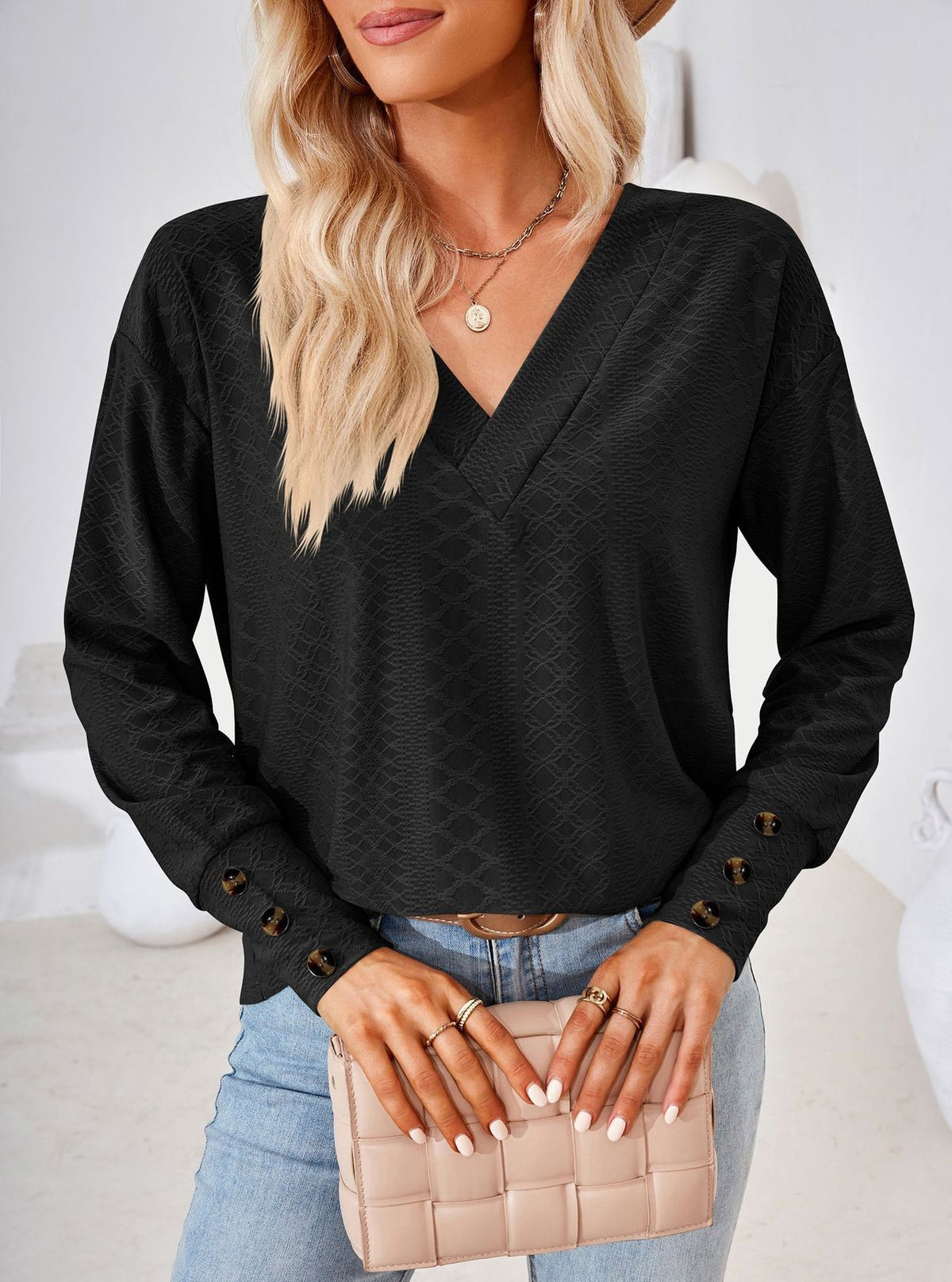 Textured Jacquard V Neck Long Sleeve Top - Black