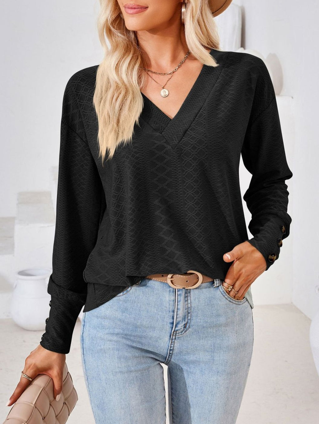 Textured Jacquard V Neck Long Sleeve Top - Black - 1