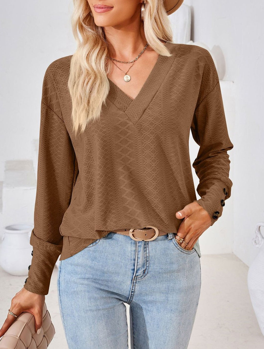 Textured Jacquard V Neck Long Sleeve Top - Coffee