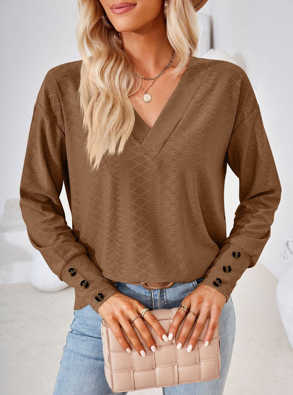 Textured Jacquard V Neck Long Sleeve Top - Coffee - 1