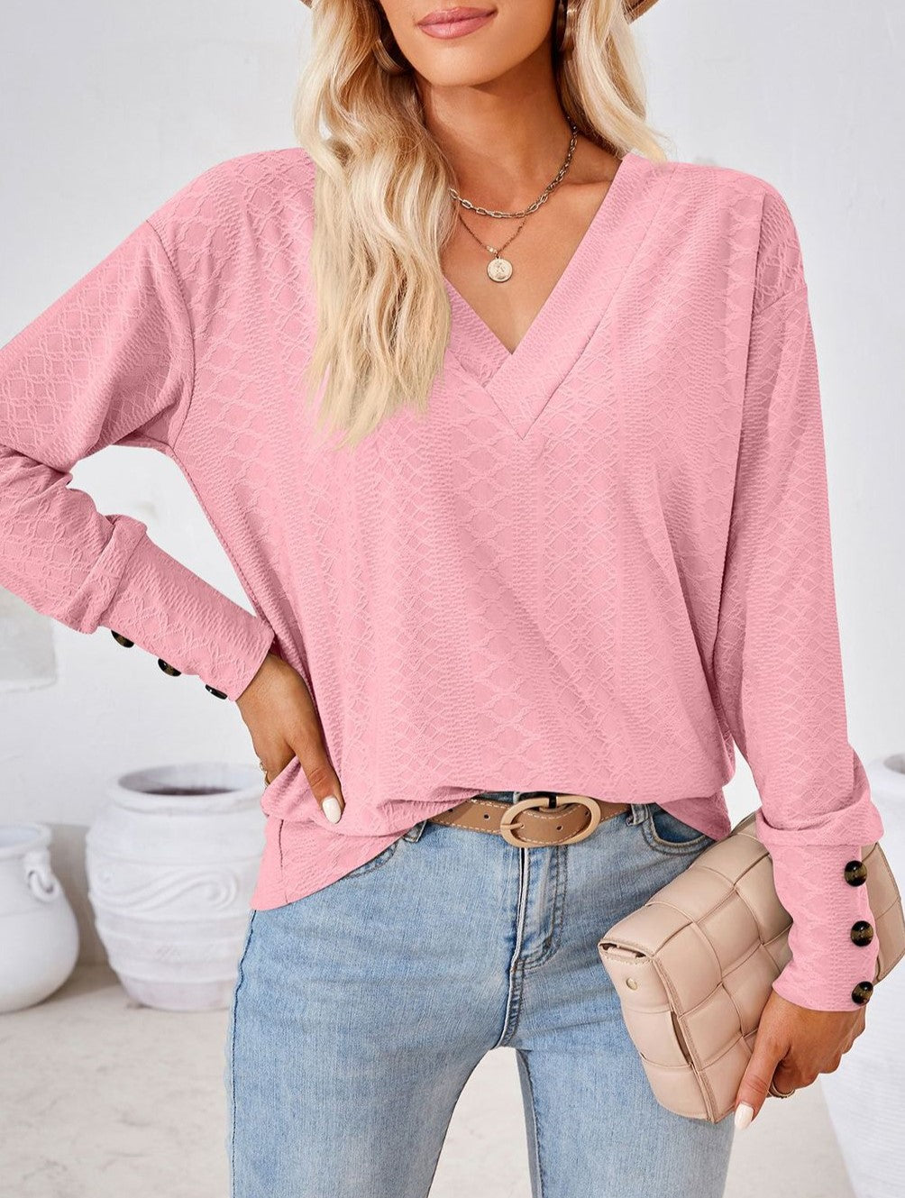 Textured Jacquard V Neck Long Sleeve Top - Pink