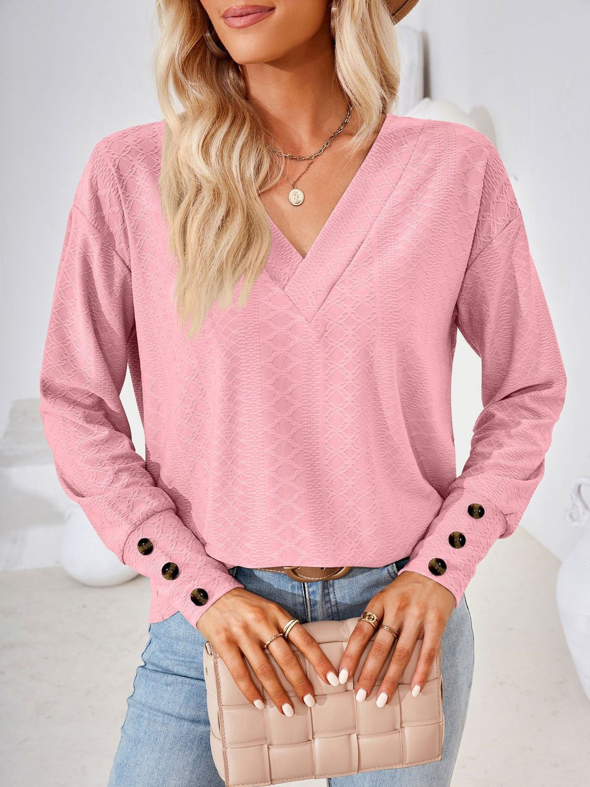 Textured Jacquard V Neck Long Sleeve Top - Pink - 1
