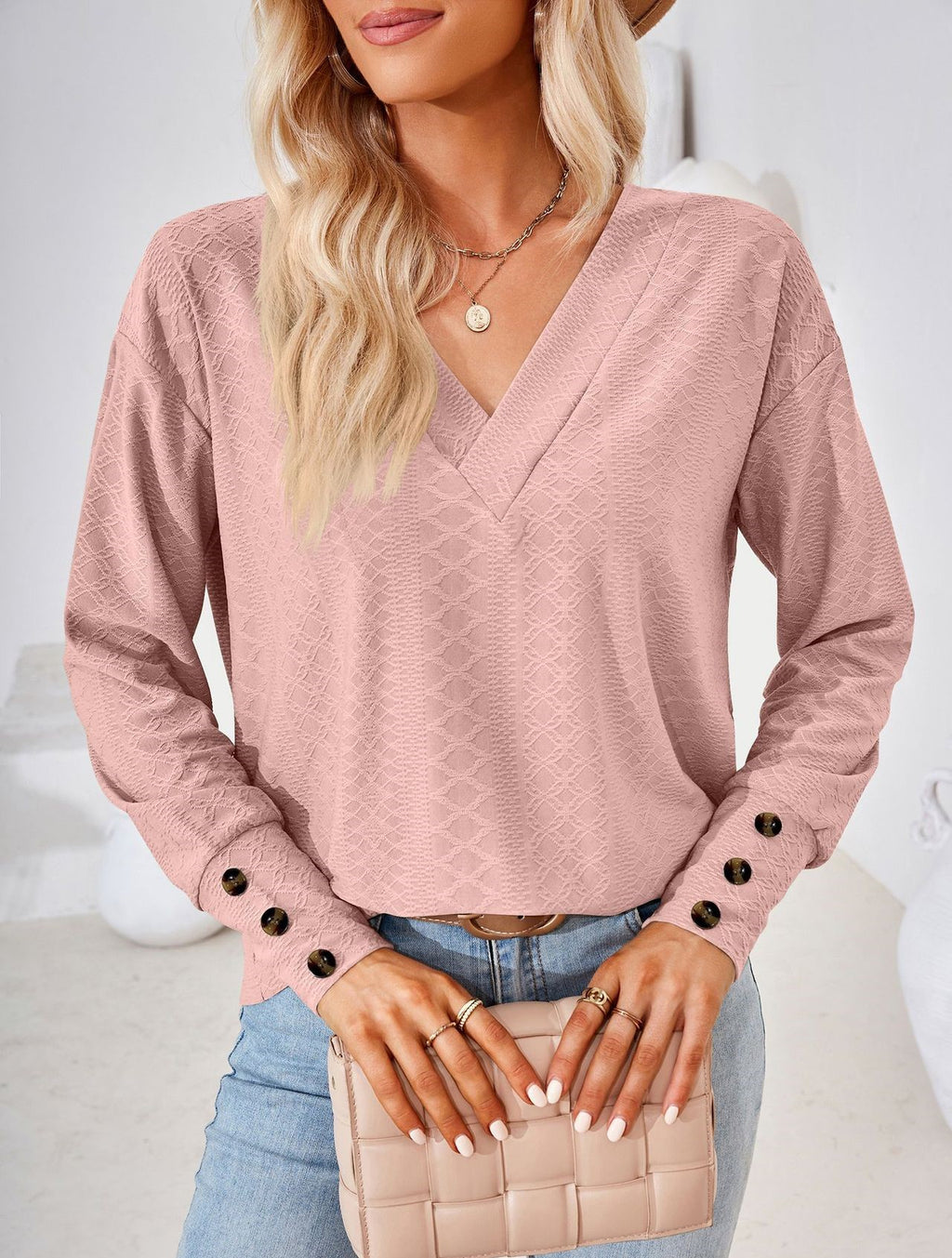 Textured Jacquard V Neck Long Sleeve Top - Skinpink