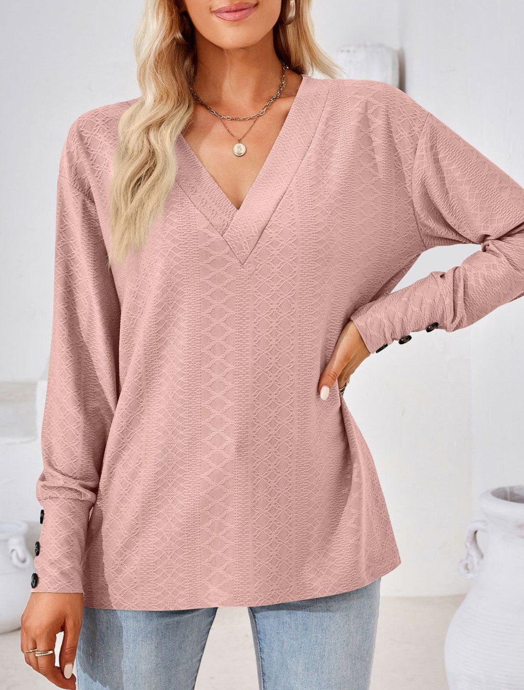 Textured Jacquard V Neck Long Sleeve Top - Skinpink - 1