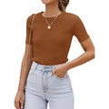 Fitted Ribbed Crew Neck Short Sleeve Top - Caramel