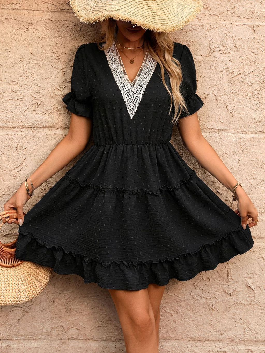 Tiered Ruffle Mini Dress With Lace V Neck - Black