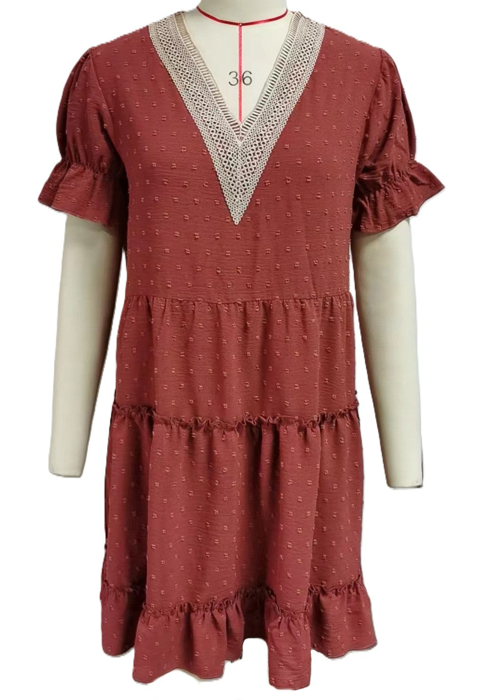 Tiered Ruffle Mini Dress With Lace V Neck - Brickred